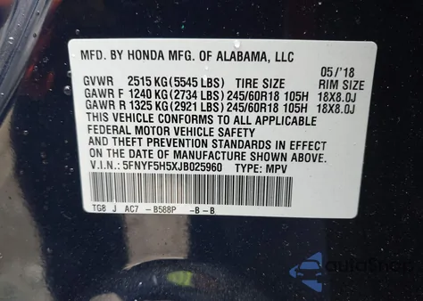 2018 Honda Pilot Ex-L from USA, damaged, VIN 5FNYF5H5XJB025960